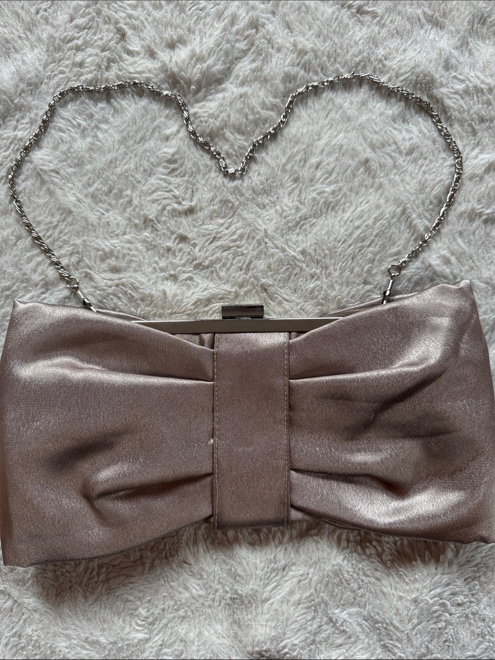 Bijoux Terner Shimmery Taupe Bow Clutch with Chain Strap